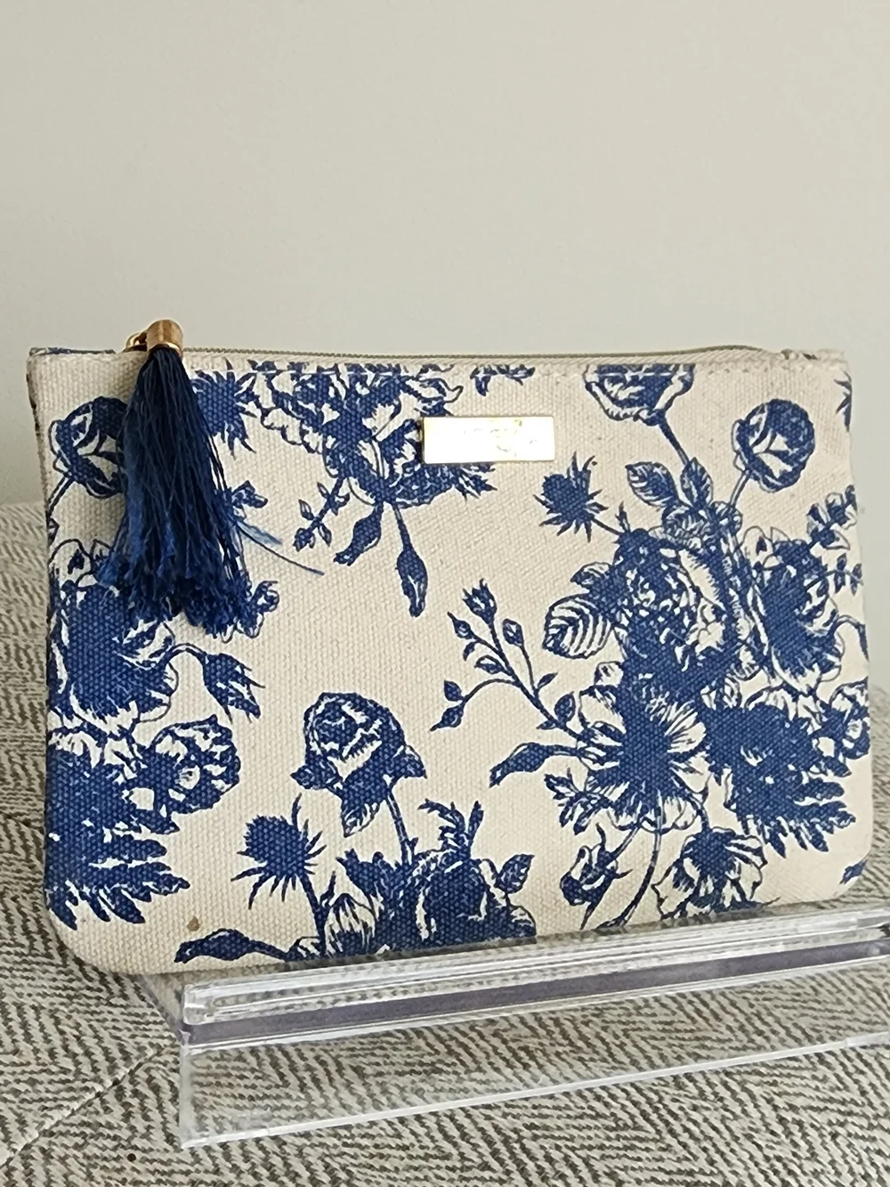 Ipsy Blue Floral Canvas Zip Pouch with Tassel